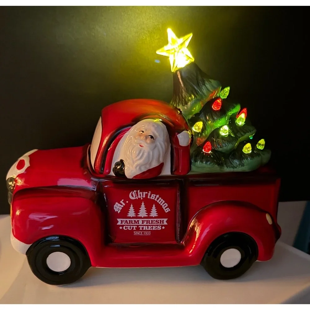 Mr. Christmas Red Truck Santa Light Up Tree Ceramic Farmhouse Holiday Cookie Jar